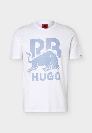 White short-sleeve T-shirt with light blue bull graphic, large "PB" letters above, and "HUGO" text below on the front.