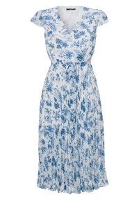 Robe portefeuille fleurie avec une base blanche ornée d'imprimés botaniques bleus, manches courtes, ceinture définissant la taille, et jupe plissée fluide.