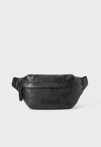 Marsupio in finta pelle nera con una texture liscia, chiusura con zip e logo in rilievo sulla parte anteriore. Dotato di cinghie regolabili per il massimo comfort.