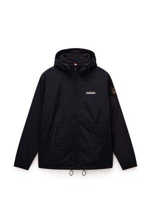 Schwarze Kapuzenjacke mit Frontreißverschluss, zwei Reißverschlusstaschen und Logopatches auf Brust und linkem Ärmel.