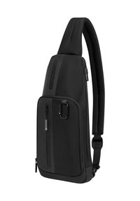 Sac bandoulière noir à une seule sangle avec poche zippée à l'avant, petit clip métallique, sangle rembourrée et logo de la marque sur le panneau avant.