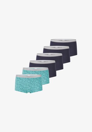 Ein Boxershorts-Set mit vier Paaren in Marineblau und einem Paar in Türkis mit einem Pünktchenmuster. Jedes hat einen weißen gestreiften Bund.