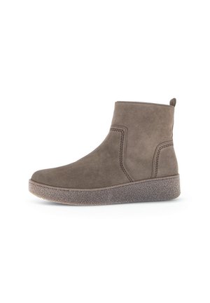 Gray suede ankle boots with a smooth texture, featuring stitching details and a textured rubber sole for enhanced grip.