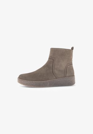 Gray suede ankle boots with a smooth texture, featuring stitching details and a textured rubber sole for enhanced grip.