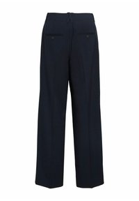 Pantalon large marine avec un tissu lisse, une ceinture ajustée et deux poches arrière avec fermetures à boutons.