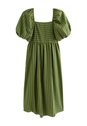 New Look Curves, CURVES DARK KHAKI STRIPED SEERSUCKER PUFF SLEEVE MIDI DRESS - Day dress - khaki