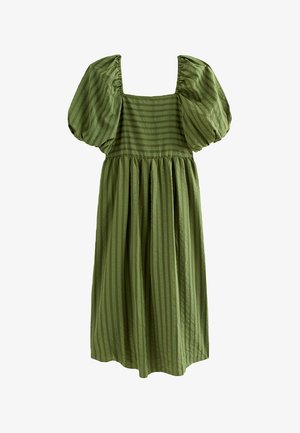 New Look Curves, CURVES DARK KHAKI STRIPED SEERSUCKER PUFF SLEEVE MIDI DRESS - Day dress - khaki