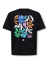 Svart t-shirt med färgglada abstrakta blommönster i blått, grönt, lila, orange och vitt på baksidan, samt en liten vit "only and sons"-logga.