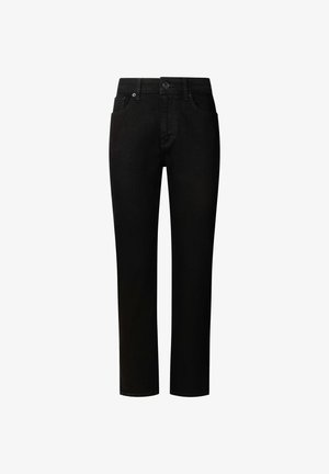 Musthave mustad denim püksid on sirged ja mugavad, koos nööbiga sulgemisega ning kahe eesoleva taskuga. Kangas on sileda tekstuuriga ja vaevu kulunud.
