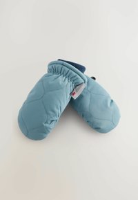 Gepolsterte blaue Handschuhe mit einem dehnbaren dunkelblauen Bündchen. Sie haben eine glatte Außenseite, abgerundete Spitzen und ein Etikett mit dem '3M Thinsulate'-Markenzeichen.