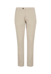 Pantaloni di cotone beige a gamba dritta, con chiusura a un bottone, tasche laterali e una texture liscia.