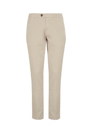 Pantaloni di cotone beige a gamba dritta, con chiusura a un bottone, tasche laterali e una texture liscia.