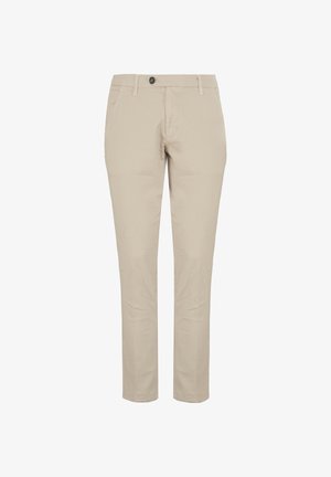 Pantaloni di cotone beige a gamba dritta, con chiusura a un bottone, tasche laterali e una texture liscia.