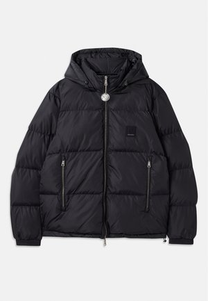 Black puffer jacket with a hood, featuring quilted texture, zippered front, two side pockets, and small logo patch on the chest.
