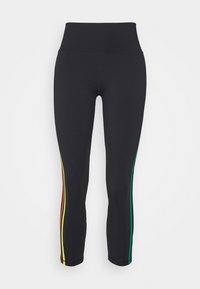 I leggings neri presentano una vita alta e strisce laterali colorate in rosso, giallo, verde e blu. Realizzati in un materiale leggero e elastico.