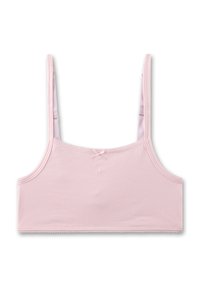 Helles rosa Baumwoll-Bra-Top mit dünnen Trägern, einem Spitzenbesatz am unteren Rand und einer kleinen Schleifenakzent hinten in der Mitte. Glatte Textur.