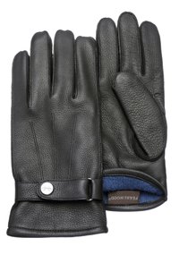 Gants en cuir noir avec une finition texturée, dotés d'un doublure en tricot bleu et d'un accent de fermeture à pression. Design à cinq doigts avec une couture précise.