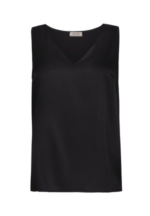 Czarny bezrękawnik z dekoltem w kształcie litery V, wykonany z gładkiego materiału. Prosty design z prostym dołem i bez dodatkowych wzorów czy akcentów.