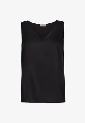 Czarny bezrękawnik z dekoltem w kształcie litery V, wykonany z gładkiego materiału. Prosty design z prostym dołem i bez dodatkowych wzorów czy akcentów.