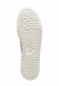 Gumová podrážka boty se zigzagovým vzorem, obsahující oblé gripy a strukturovaný povrch. Barva je převážně bílá s logem značky.