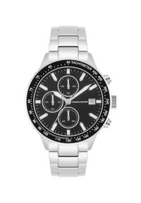 Orologio cronografo in acciaio inossidabile argento con quadrante nero, tre sottodial, lunetta tachimetrica e bracciale a maglie lucido.