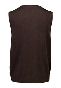 Brauner, gestrickter ärmelloser Pullover mit einem runden Ausschnitt, der gerippte Kanten und ein schlichtes Rückendesign aufweist, ideal zum Schichten.