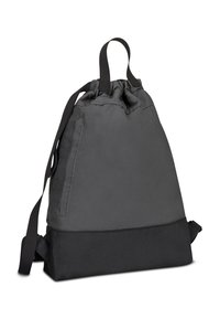 Drawstring bag in solid dark gray fabric, with adjustable straps, side pocket, and a sturdy black base. Smooth texture, minimal design.