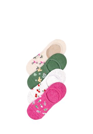 Cuatro pares de calcetines invisibles en beige, verde, blanco y rosa, cada uno con diferentes pequeños diseños como flamencos, cactus, cerezas y polos.