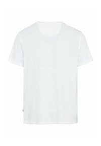 Hvid T-shirt med korte ærmer, rund halsudskæring og en glat tekstur. Synlige syninger og et lille logo-mærke på den nederste side.