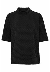 Schwarzes Kurzarm-Oberteil mit einer strukturierten, zerknitterten Oberfläche, einem schlichten Rollkragen und einer lockeren Passform. Glattes Material mit gleichmäßigem Muster.