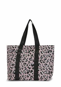 Tote bag met luipaardprint in roze en zwart, met zwarte handvatten en een reliëflogo, gemaakt van duurzaam materiaal, rechthoekige vorm.