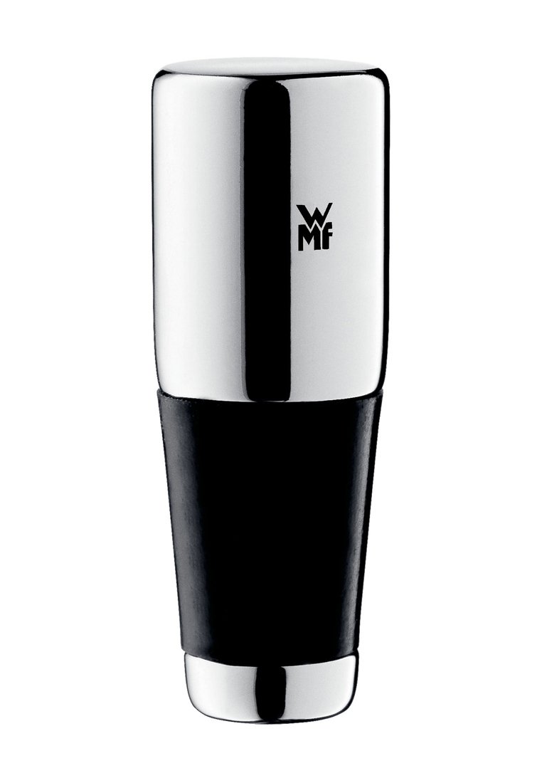 Stoper do wina ze stali nierdzewnej z polerowaną, chromowaną górą i matową czarną dolną częścią. Wygrawerowane logo na górnej części.