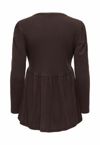 Bruine lange mouwen top met een geribbelde textuur, met een fitted lijfje dat bij de taille uitloopt in een geplooide zoom.