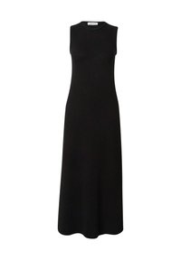 Schwarzes ärmelloses Kleid aus strukturiertem Stoff, mit Rundhalsausschnitt und weitem Saum, der eine gerade Silhouette bietet.