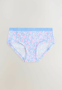 Slip hipster in cotone azzurro con stampa leopardata rosa, dotati di un elastico in vita blu solido con la scritta "NEXT" in rilievo. Texture liscia.