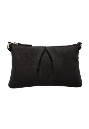 Schwarze, strukturierte Leder-Clutch mit Reißverschluss oben und dezentem Falten-Detail auf der Vorderseite.