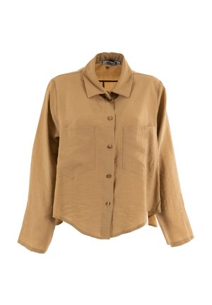 Camicia marrone a maniche lunghe realizzata in un misto di lino, con colletto, chiusura a bottoni e due tasche sul petto, dal taglio rilassato.