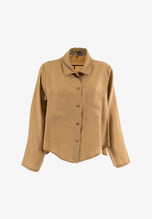 Camicia marrone a maniche lunghe realizzata in un misto di lino, con colletto, chiusura a bottoni e due tasche sul petto, dal taglio rilassato.