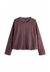 Bordeaux cropped sweatshirt met een ronde hals, ritsluiting en twee zijzakken. Heeft geribde manchetten en een gladde textuur.