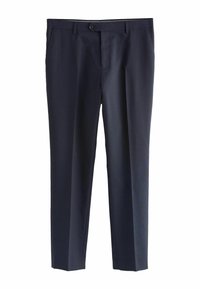 Navy blue tailored dress pants with belt loops, button closure, and side pockets, displayed flat on a white background.