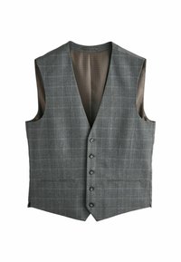 Gråternet vest med V-halsdesign, forsynet med seks frontknapper og to sidelommer. Indersiden har et glat, mønstret fôr.