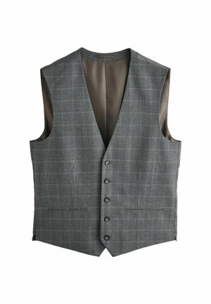 Sivý károvaný vest s výstrihom do V, s šiestimi prednými gombíkmi a dvoma bočnými vreckami. Interiér má hladkú, vzorovanú podšívku.