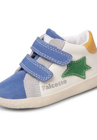 Sneakers per bambini in suede blu, grigio e bianco, con dettaglio a stella verde, cinturini in velcro e suola in gomma. Marca: Falcotto.