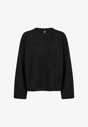 Black pullover sweater with a crew neckline, dropped shoulders, and long sleeves. Made of a soft knit fabric with ribbed cuffs and hem.