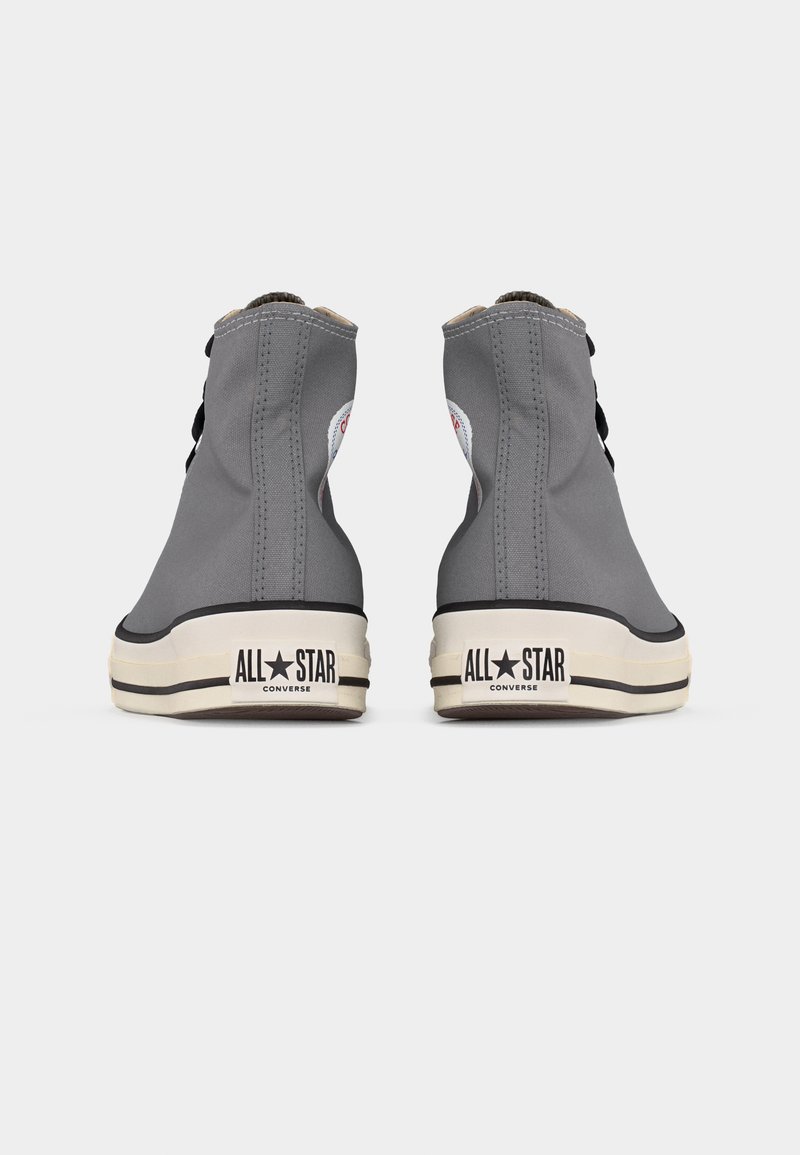 Coppia di sneaker Converse All Star alte grigie viste da dietro, con suole bianche a strisce nere e etichette con logo.