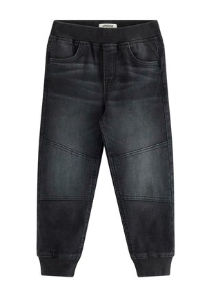 Mørkegrå børne jogger jeans med elastisk talje og manchetter, forlommer og syede knæpaneler.