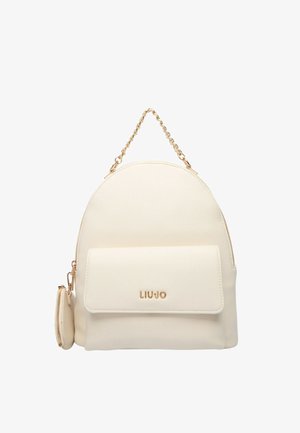 Zaino Liu Jo color crema con tasca frontale a patta, piccola pochette laterale rotonda e manico a catena dorata.