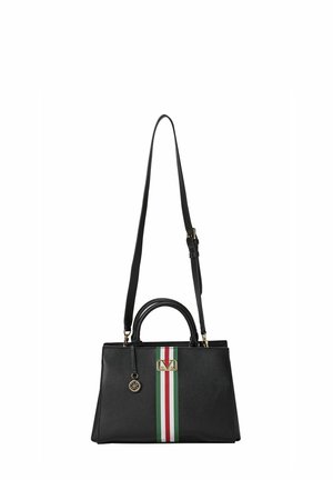Zwarte leren handtas met een gestructureerd ontwerp, voorzien van een rood, wit en groen gestreept accent en gouden hardware details.