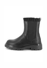 Bottines noires avec un extérieur en cuir lisse, des panneaux latéraux élastiques, un col froncé et une semelle en caoutchouc épaisse et texturée.