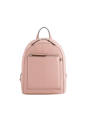 Helle rosa Leder-Rucksack mit runder Form, Frontreißverschluss-Tasche und minimalistischen Design. Verfügt über einen oberen Griff und zwei Seitentaschen.